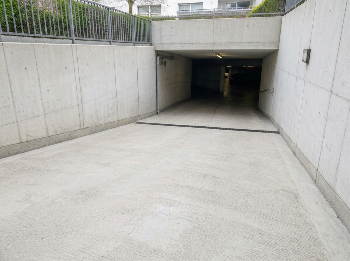 Gereinigte, helle Tiefgarageneinfahrt nach der Reinigung